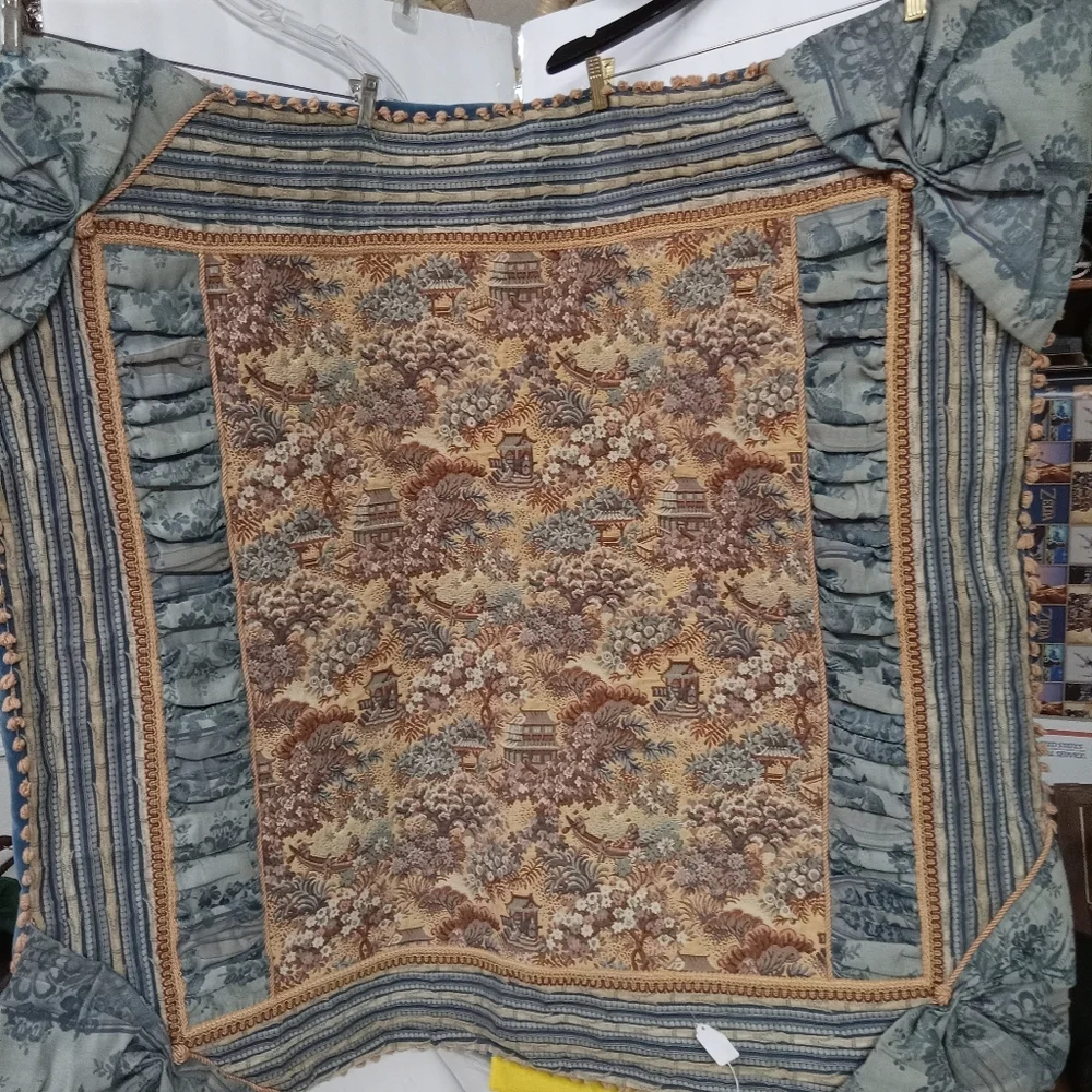 Vintage Pictorial Tapestry Covering, Pleats, Tassels, Boating, Temple  38